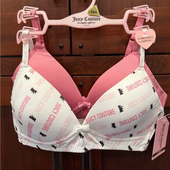 Juicy Couture NWT Girls 2Pk Pink & White Logo Scottie Print Padded Bras (I039) - Picture 1 of 6